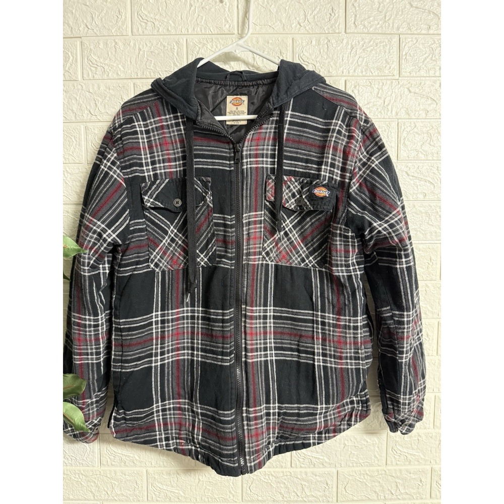 Genuine Dickies Mens Small Plaid Hooded Flannel Shirt Jacket Quilted Lined Black